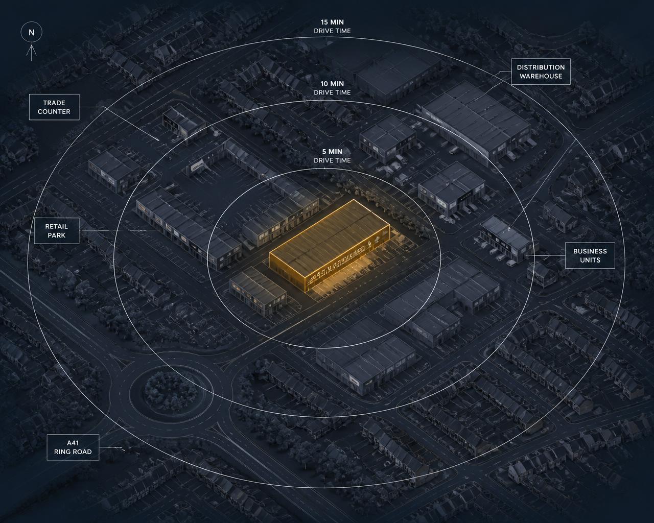 Aerial catchment diagram around an illuminated self-storage facility with 5/10/15 minute drive-time rings